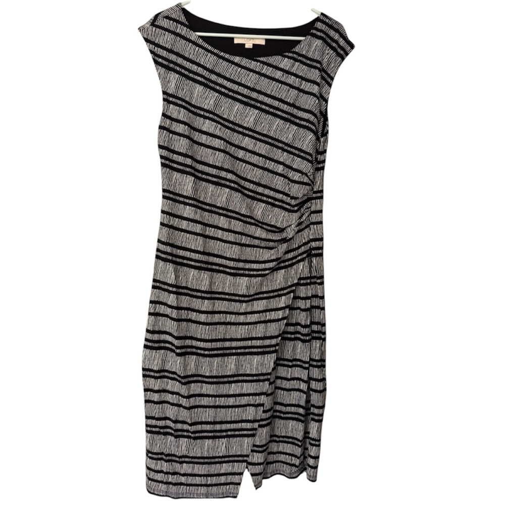 Loft Womens Black White Striped Sleeveless Ruched Sheath Dress Size L Boat‎ Neck